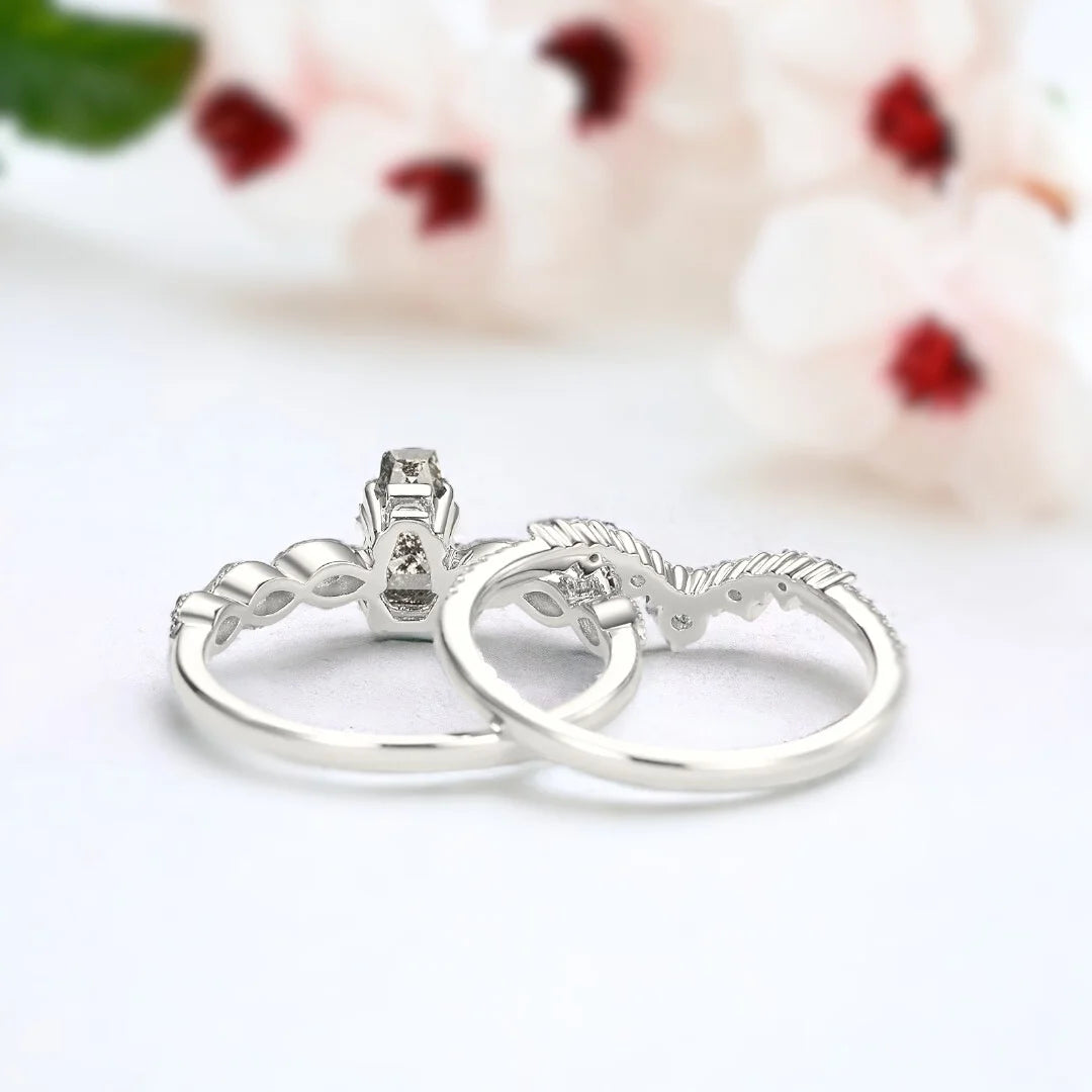 Coffin Cut Salt and Pepper Diamond Bridal Set featuring a coffin-cut dark grey salt and pepper diamond centre stone with round VS1 F colour side diamonds in a modern bridal ring set design