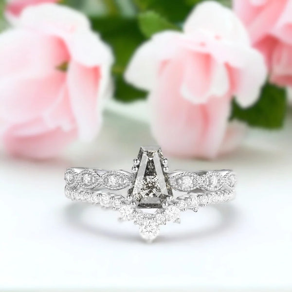 Coffin Cut Salt and Pepper Diamond Bridal Set featuring a coffin-cut dark grey salt and pepper diamond centre stone with round VS1 F colour side diamonds in a modern bridal ring set design