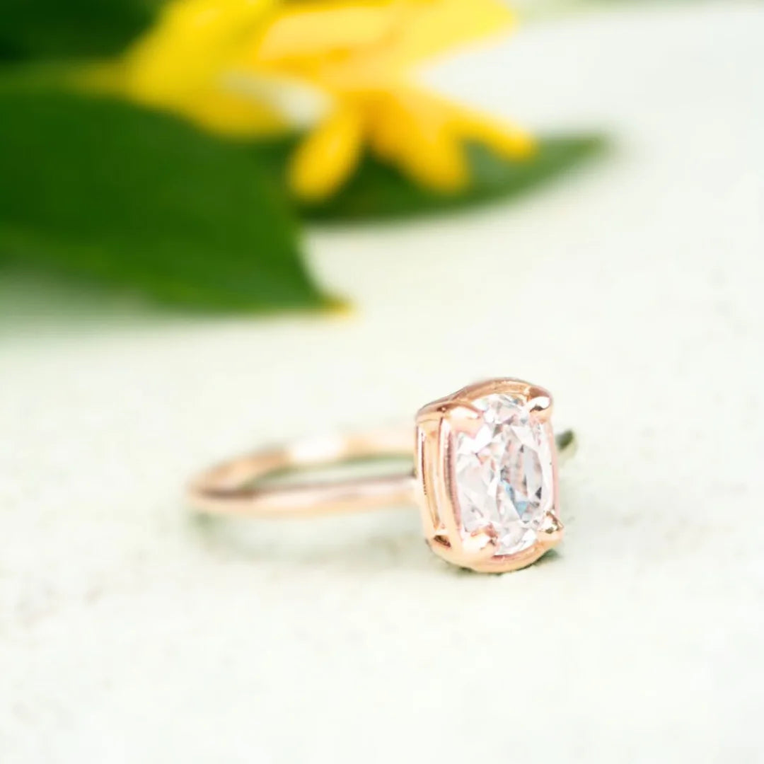 Cushion Cut Lab Grown Diamond Solitaire Ring, Old Mine Cushion Style, featuring a cushion-cut 2.55-carat white lab-grown diamond set in a minimalist solitaire design with a slim straight band and elegant clean proportions.