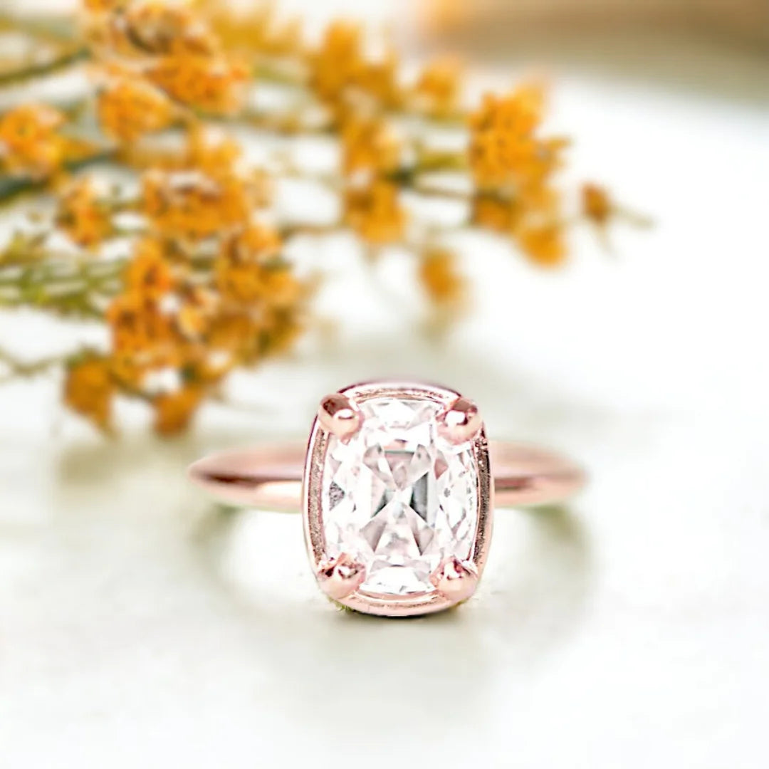 Cushion Cut Lab Grown Diamond Solitaire Ring, Old Mine Cushion Style, featuring a cushion-cut 2.55-carat white lab-grown diamond set in a minimalist solitaire design with a slim straight band and elegant clean proportions.