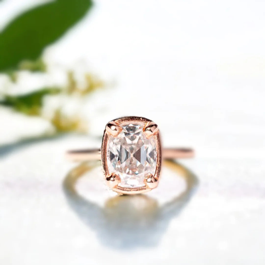 Cushion Cut Lab Grown Diamond Solitaire Ring, Old Mine Cushion Style, featuring a cushion-cut 2.55-carat white lab-grown diamond set in a minimalist solitaire design with a slim straight band and elegant clean proportions.