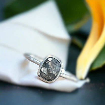 Cushion Rose Cut Salt and Pepper Diamond Ring Vintage Design featuring a 0.95 CT rose cushion cut natural salt and pepper diamond in a solitaire setting with a straight shank and an elegant vintage-inspired ring design.