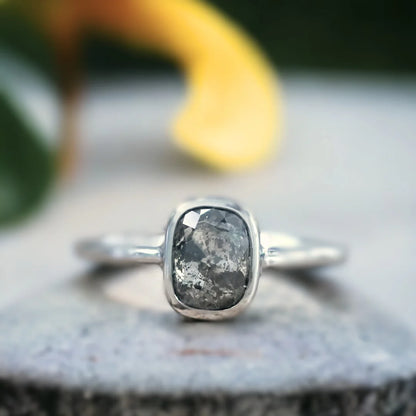 Cushion Rose Cut Salt and Pepper Diamond Ring Vintage Design featuring a 0.95 CT rose cushion cut natural salt and pepper diamond in a solitaire setting with a straight shank and an elegant vintage-inspired ring design.