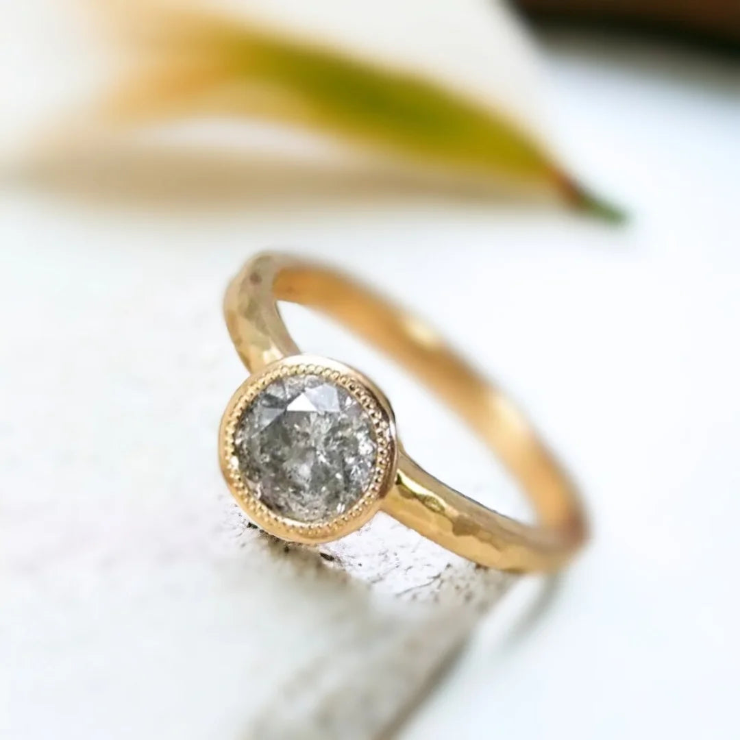 Custom Platinum Cathedral Ring Salt and Pepper Diamond featuring a 1.25 CT round-cut salt-and-pepper diamond in a platinum cathedral solitaire setting with a straight platinum shank and refined contemporary design.