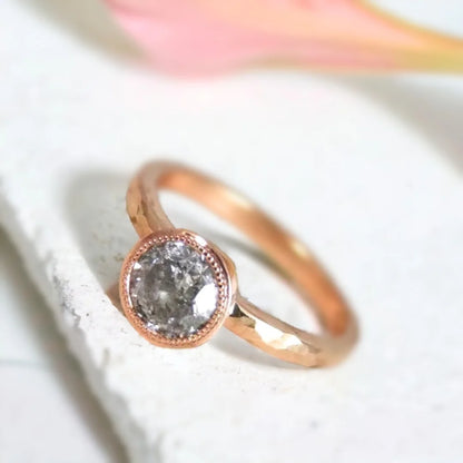 Custom Platinum Cathedral Ring Salt and Pepper Diamond featuring a 1.25 CT round-cut salt-and-pepper diamond in a platinum cathedral solitaire setting with a straight platinum shank and refined contemporary design.