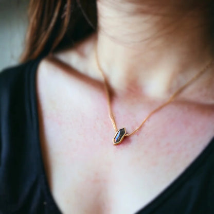 Elongated Hexagon Salt and Pepper Diamond Necklace featuring an elongated hexagon-shaped salt-and-pepper diamond with a grey-toned, raw, elegant appearance, set as a minimalist pendant on a 20-inch cable chain with a lobster-claw clasp, showcasing a modern handcrafted fine jewelry design.