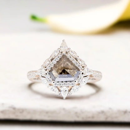 Fabled Diamond Ring Fiery Fantasia Filigree Forever Flourish 1.70 Ct featuring a shield-cut natural salt-and-pepper diamond with visible black and white inclusions, set in a filigree-inspired modern engagement ring design with natural side diamonds, straight shank band, and structured yet decorative geometric styling.