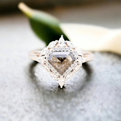 Fabled Diamond Ring Fiery Fantasia Filigree Forever Flourish 1.70 Ct featuring a shield-cut natural salt-and-pepper diamond with visible black and white inclusions, set in a filigree-inspired modern engagement ring design with natural side diamonds, straight shank band, and structured yet decorative geometric styling.