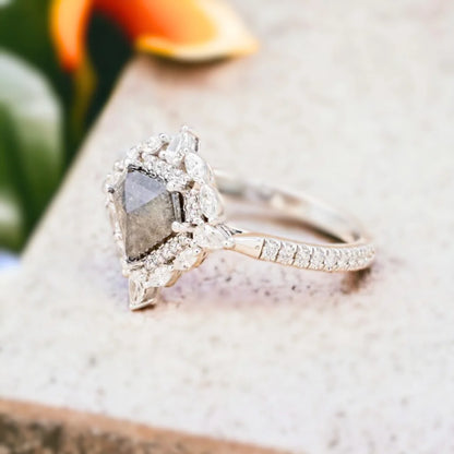 Fabled Diamond Ring Fiery Fantasia Filigree Forever Flourish 1.70 Ct featuring a shield-cut natural salt-and-pepper diamond with visible black and white inclusions, set in a filigree-inspired modern engagement ring design with natural side diamonds, straight shank band, and structured yet decorative geometric styling.