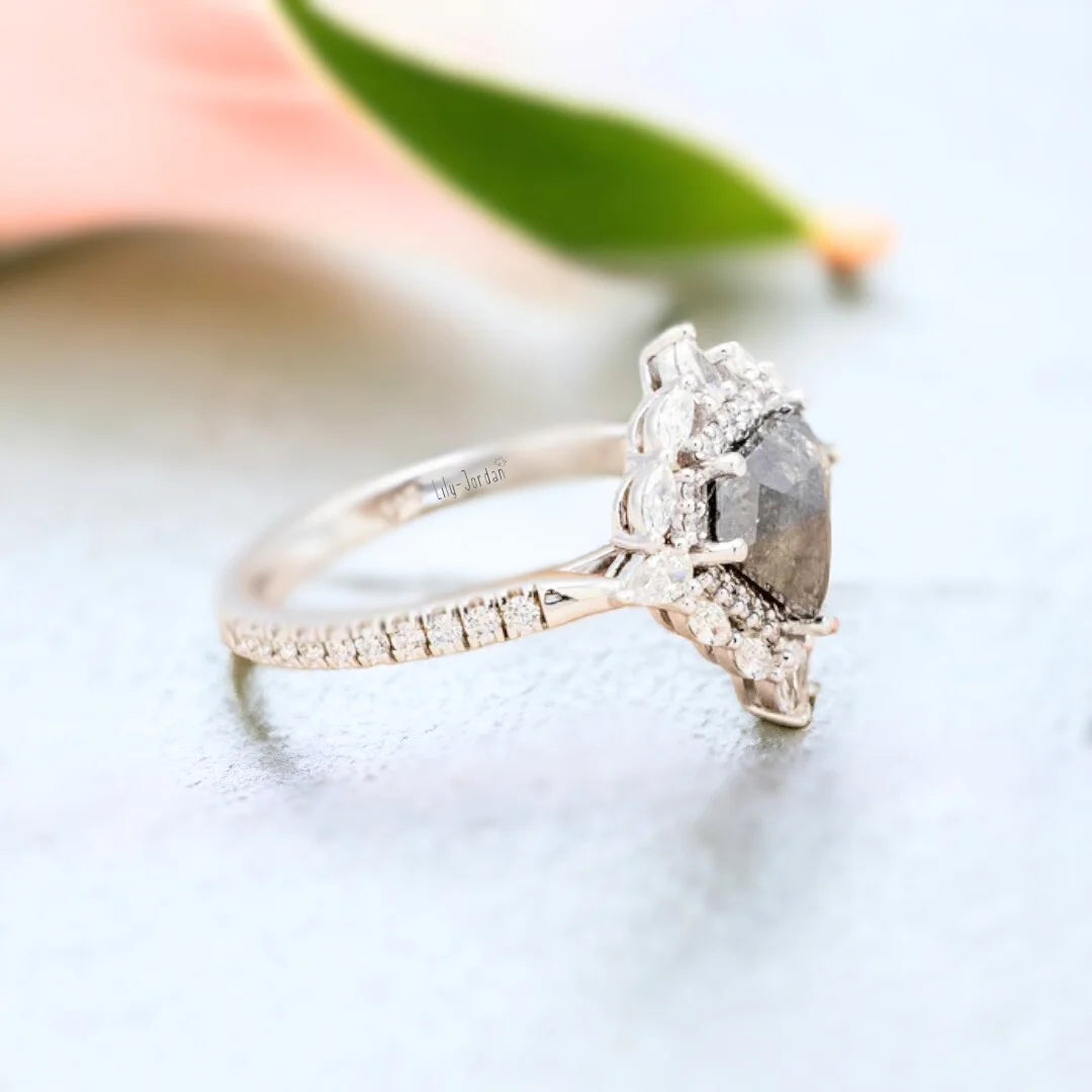 Fabled Diamond Ring Fiery Fantasia Filigree Forever Flourish 1.70 Ct featuring a shield-cut natural salt-and-pepper diamond with visible black and white inclusions, set in a filigree-inspired modern engagement ring design with natural side diamonds, straight shank band, and structured yet decorative geometric styling.