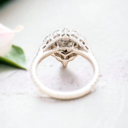 Fabled Diamond Ring Fiery Fantasia Filigree Forever Flourish 1.70 Ct featuring a shield-cut natural salt-and-pepper diamond with visible black and white inclusions, set in a filigree-inspired modern engagement ring design with natural side diamonds, straight shank band, and structured yet decorative geometric styling.