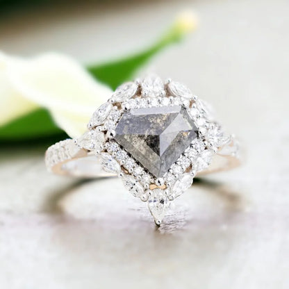 Fabled Diamond Ring Fiery Fantasia Filigree Forever Flourish 1.70 Ct featuring a shield-cut natural salt-and-pepper diamond with visible black and white inclusions, set in a filigree-inspired modern engagement ring design with natural side diamonds, straight shank band, and structured yet decorative geometric styling.