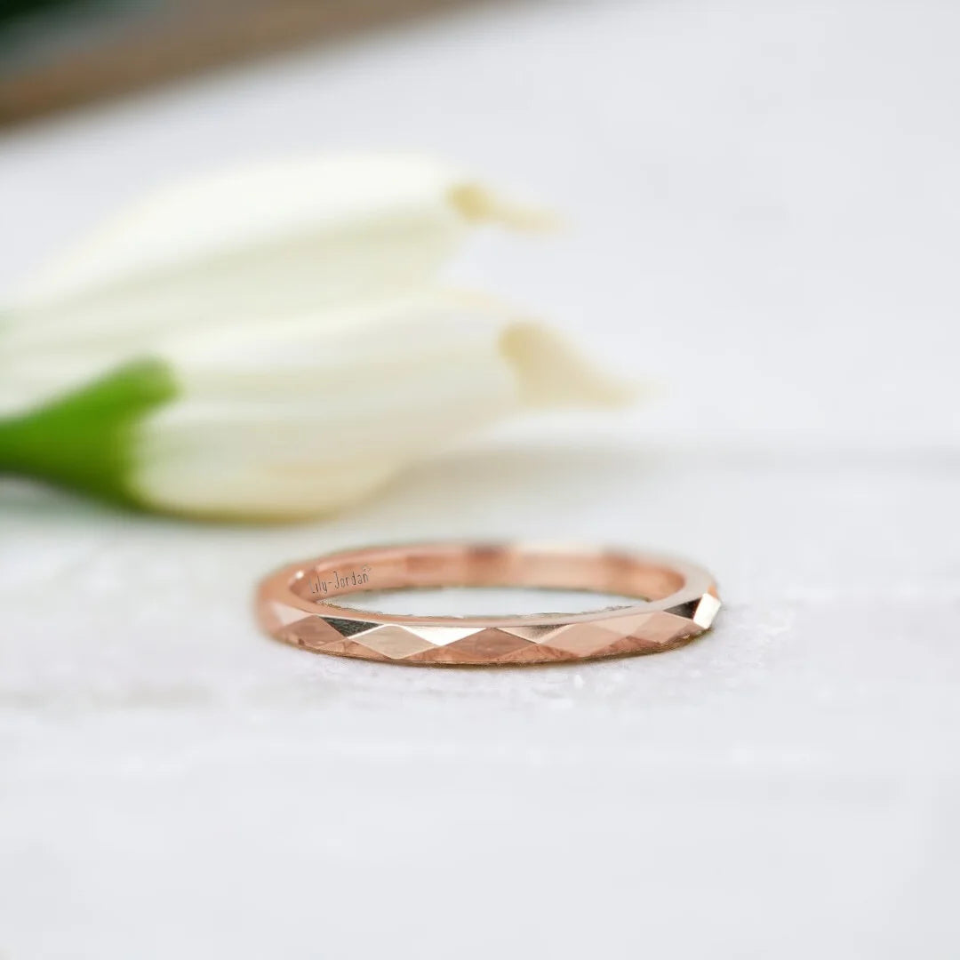 Gold Wedding Ring Faceted Gold Double Band Reflective Design featuring a faceted solid gold finish with double-band structure, straight shank construction and minimalist geometric wedding ring style with reflective surface detail