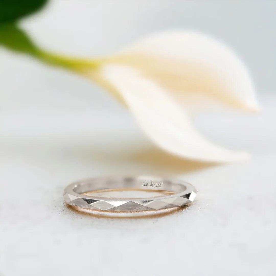 Gold Wedding Ring Faceted Gold Double Band Reflective Design featuring a faceted solid gold finish with double-band structure, straight shank construction and minimalist geometric wedding ring style with reflective surface detail