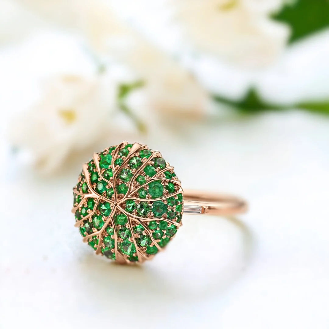 Green Gemstone Gold Ring Emerald Pavé Gold Canopy Ring Nature featuring a round green gemstone in a minimalist gold setting with a slim, straight shank band and nature-inspired design