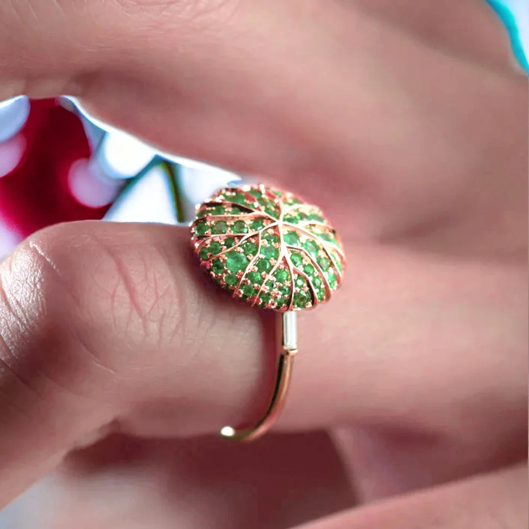 Green Gemstone Gold Ring Emerald Pavé Gold Canopy Ring Nature featuring a round green gemstone in a minimalist gold setting with a slim, straight shank band and nature-inspired design