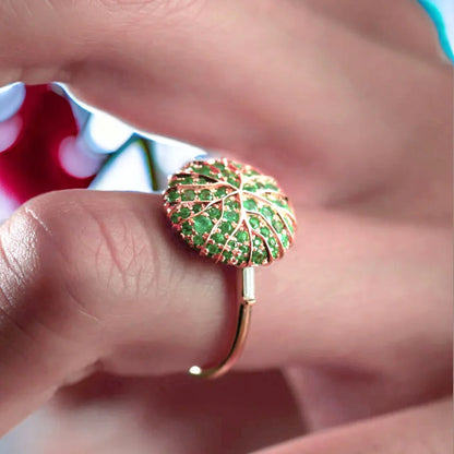 Green Gemstone Gold Ring Emerald Pavé Gold Canopy Ring Nature featuring a round green gemstone in a minimalist gold setting with a slim, straight shank band and nature-inspired design