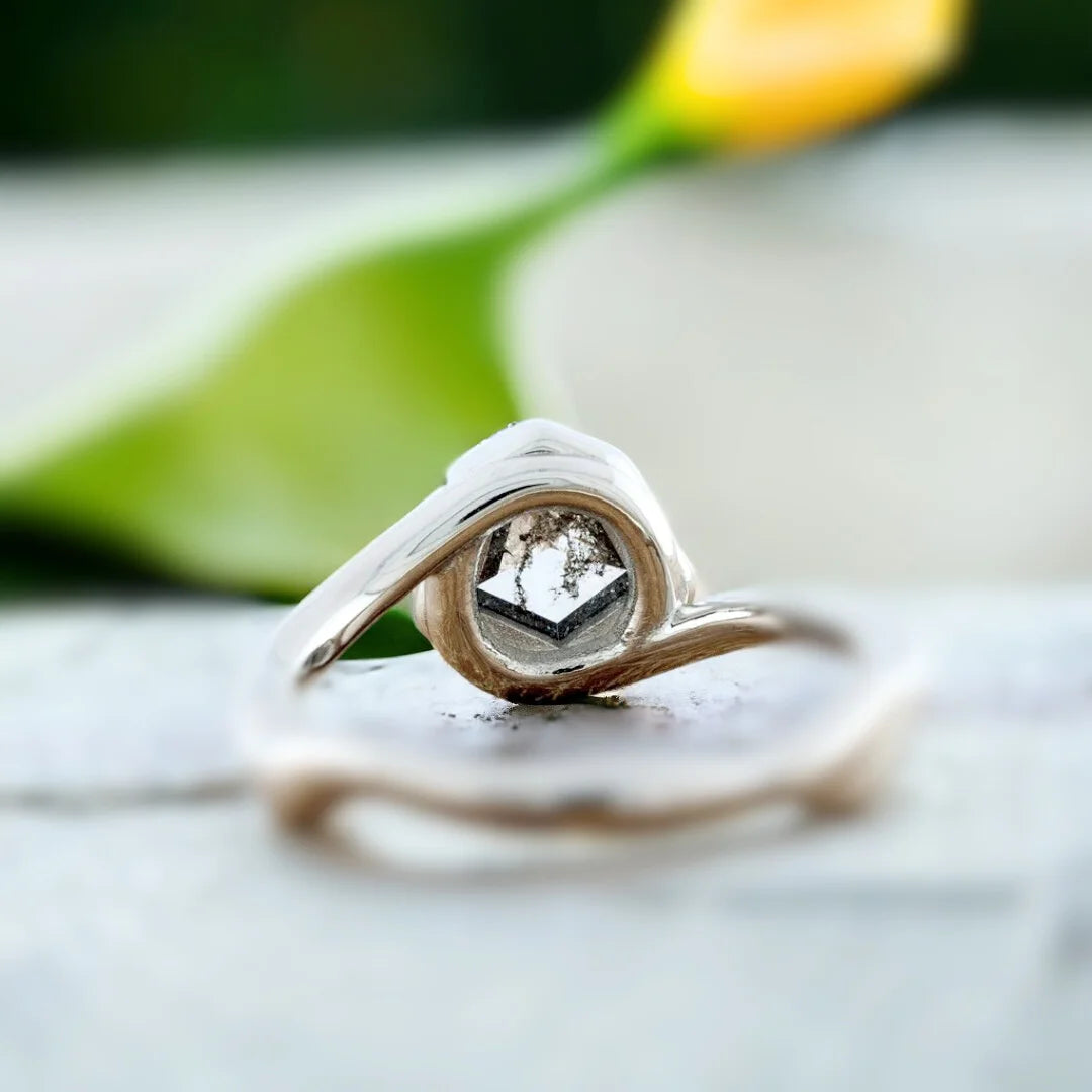 Grey Hexagon Diamond Bezel Engagement Ring, Nature-Inspired, featuring a natural salt-and-pepper shield-cut diamond in a geometric bezel setting with a bypass shank band and modern minimalist design.