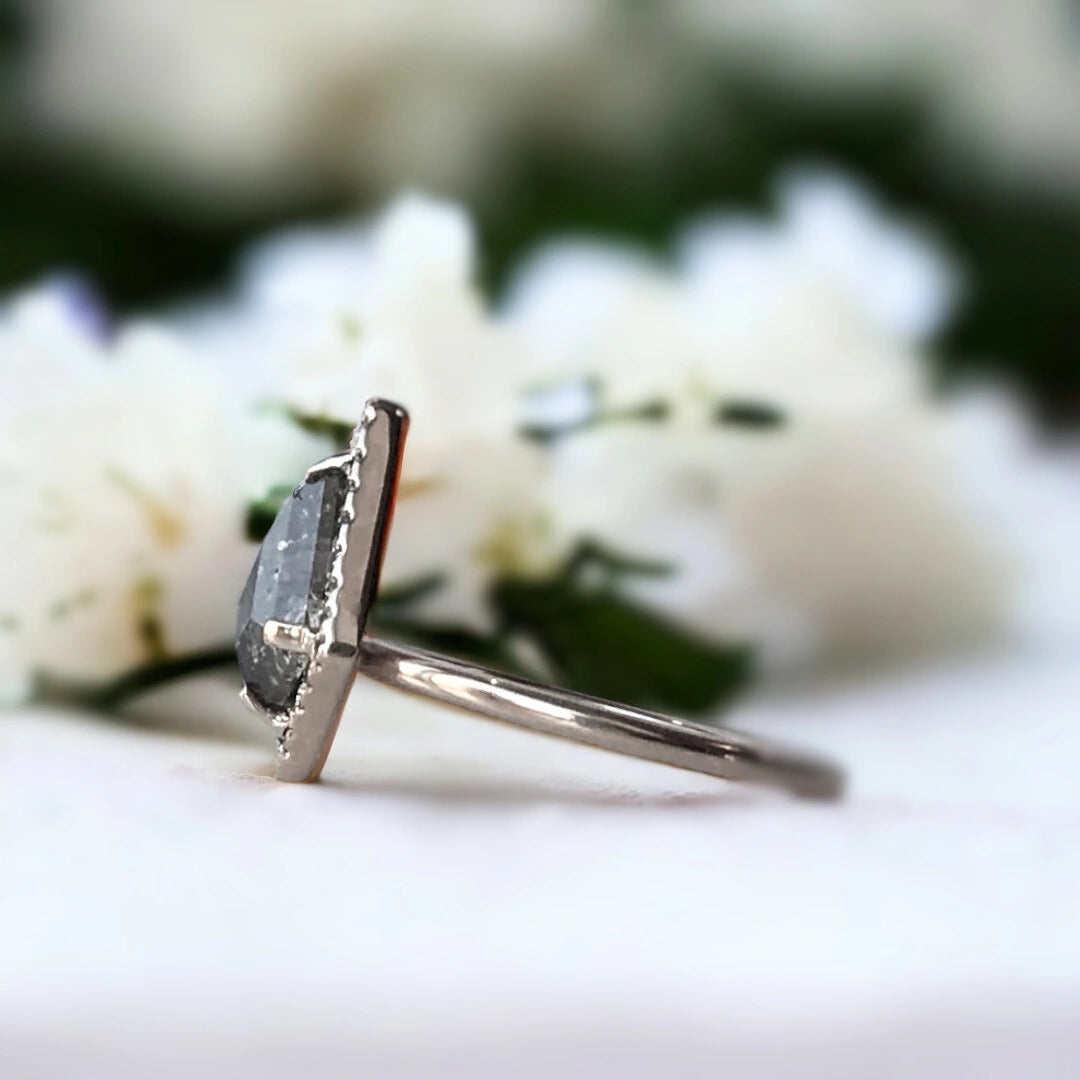 Handmade Vintage Salt and Pepper Diamond Ring Design featuring a 1.70 ct kite-shaped salt and pepper diamond with grey side stones, a slim band, and a vintage-inspired handmade setting.