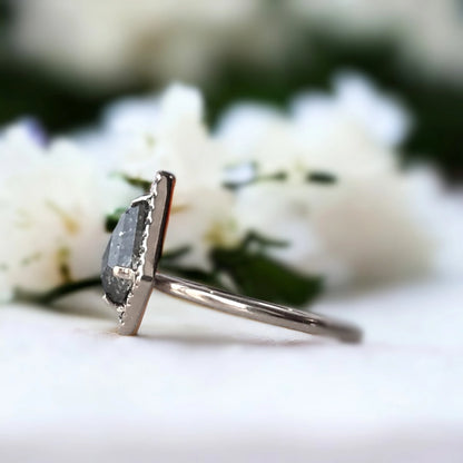 Handmade Vintage Salt and Pepper Diamond Ring Design featuring a 1.70 ct kite-shaped salt and pepper diamond with grey side stones, a slim band, and a vintage-inspired handmade setting.