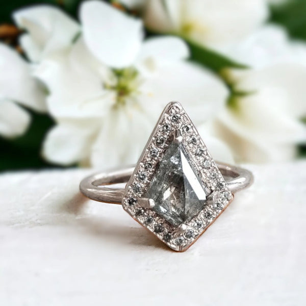 Handmade Vintage Salt and Pepper Diamond Ring Design featuring a 1.70 ct kite-shaped salt and pepper diamond with grey side stones, a slim band, and a vintage-inspired handmade setting.