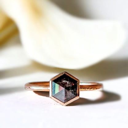 Hexagon Salt and Pepper Diamond Ring with Royal Flourish Design featuring a natural hexagon-cut salt-and-pepper diamond in a geometric ring design with a straight shank band and modern minimalist style.