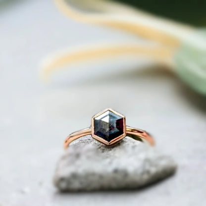 Hexagon Salt and Pepper Diamond Ring with Royal Flourish Design featuring a natural hexagon-cut salt-and-pepper diamond in a geometric ring design with a straight shank band and modern minimalist style.