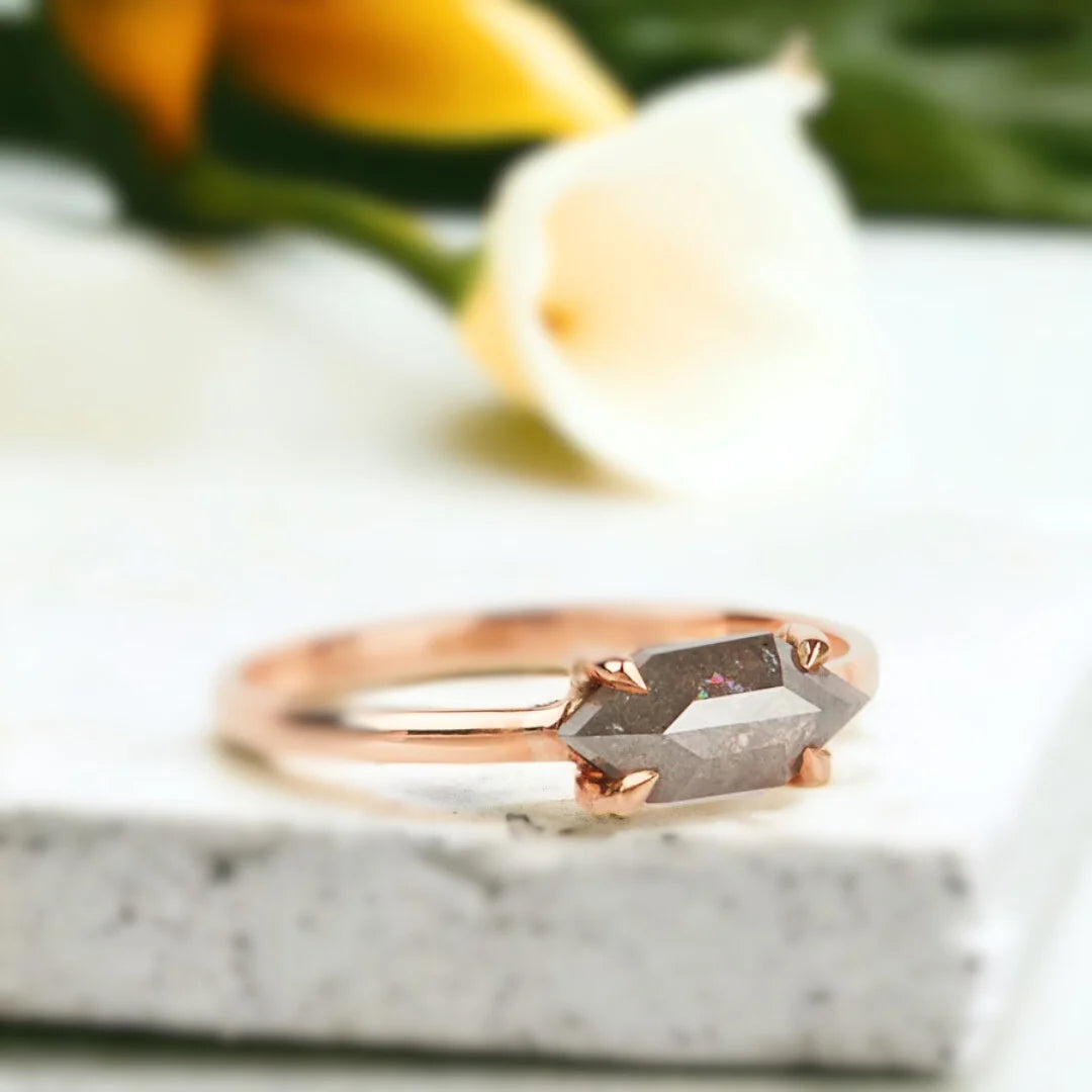 Hexagon Salt And Pepper Diamond Ring Contemporary Solitaire Design featuring a 0.92 CT hexagon cut natural salt and pepper diamond in a solitaire setting with a sleek straight shank band and modern geometric ring design.
