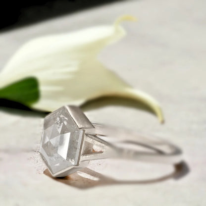 Hexagon Salt and Pepper Diamond Ring Minimal Dea Ring Rose Cut Design featuring a hexagon salt and pepper diamond center stone with organic inclusions and a sculptural split shank band in a handcrafted modern rose-cut-inspired design with elegant geometric styling.