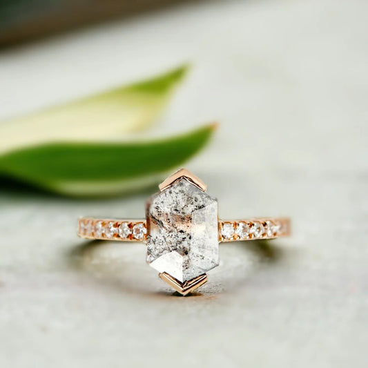 Hexagon Salt and Pepper Diamond Engagement Ring 2.15 CT Handmade featuring a hexagon-cut salt-and-pepper diamond center stone with round side diamonds in a geometric engagement ring design and straight shank band.