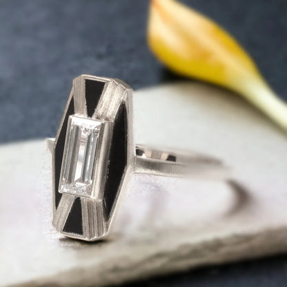 Imber Designer Ring Lab Grown Diamond Black Jasper Baguettes featuring a 0.30 ct baguette-cut lab-grown diamond center stone, black jasper baguette accents, straight shank band, and geometric contemporary ring design with clean architectural lines.