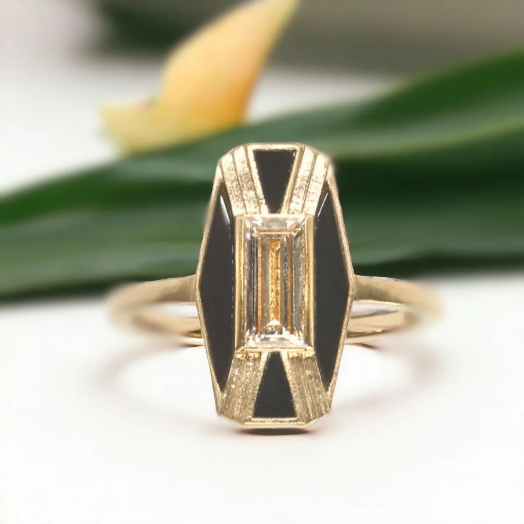 Imber Designer Ring Lab Grown Diamond Black Jasper Baguettes featuring a 0.30 ct baguette-cut lab-grown diamond center stone, black jasper baguette accents, straight shank band, and geometric contemporary ring design with clean architectural lines.