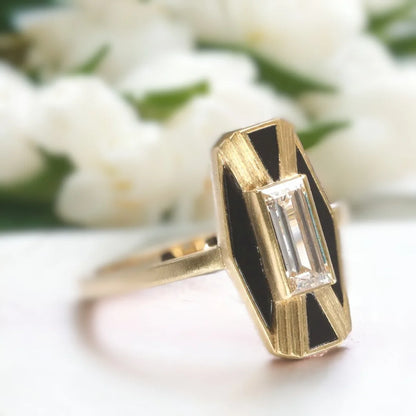 Imber Designer Ring Lab Grown Diamond Black Jasper Baguettes featuring a 0.30 ct baguette-cut lab-grown diamond center stone, black jasper baguette accents, straight shank band, and geometric contemporary ring design with clean architectural lines.