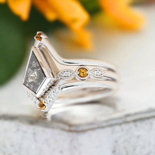 Kite Cut Salt and Pepper Diamond Engagement Ring Unique Bridal Ring featuring a 1.40 CT kite cut salt and pepper diamond in a minimalist setting with marquise diamond side stones and a slender straight shank geometric engagement ring design.