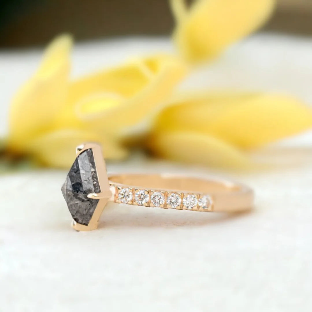 Kite Cut Salt and Pepper Diamond Ring Cathedral Setting Band featuring a kite cut salt and pepper centre diamond set in a cathedral style band with round white diamond accents on a structured straight shank design
