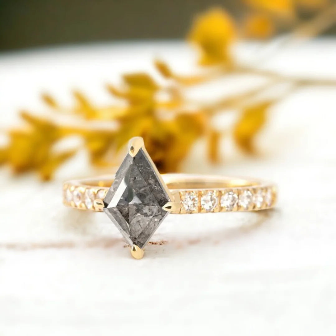 Kite Cut Salt and Pepper Diamond Ring Cathedral Setting Band featuring a kite cut salt and pepper centre diamond set in a cathedral style band with round white diamond accents on a structured straight shank design