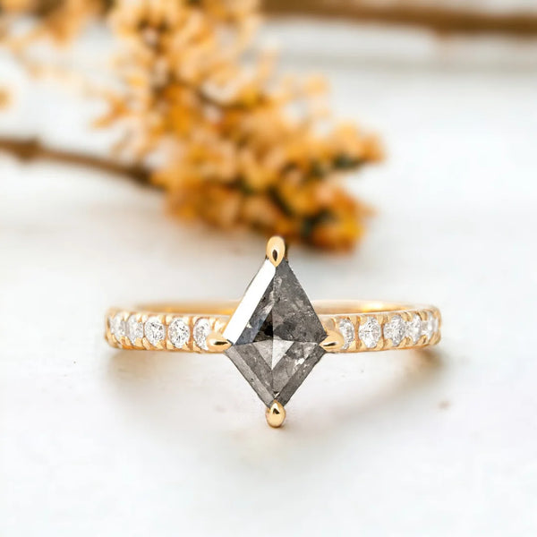 Kite Cut Salt and Pepper Diamond Ring Cathedral Setting Band featuring a kite cut salt and pepper centre diamond set in a cathedral style band with round white diamond accents on a structured straight shank design
