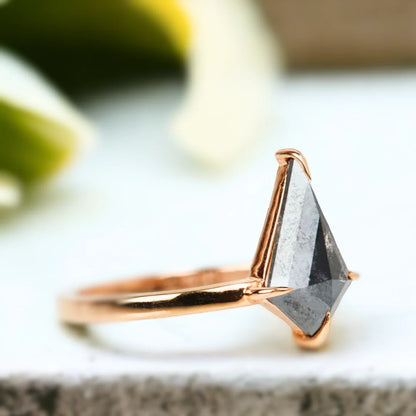 Kite Salt and Pepper Diamond Ring with 1.70 ct kite-cut stone featuring a natural kite-cut salt-and-pepper diamond in a solitaire ring design with a straight shank band and modern geometric style.