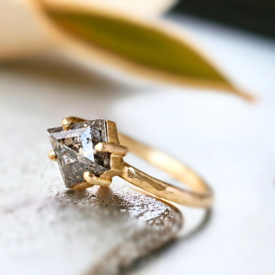 Kite Salt and Pepper Diamond Ring with 1.80 CT Kite Cut Stone featuring a kite-cut salt-and-pepper diamond with natural inclusions in a minimalist geometric ring design with a straight shank band and handcrafted artisan detailing.