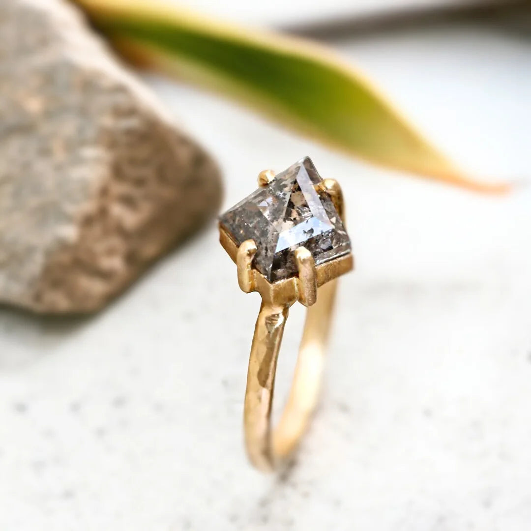 Kite Salt and Pepper Diamond Ring with 1.80 CT Kite Cut Stone featuring a kite-cut salt-and-pepper diamond with natural inclusions in a minimalist geometric ring design with a straight shank band and handcrafted artisan detailing.