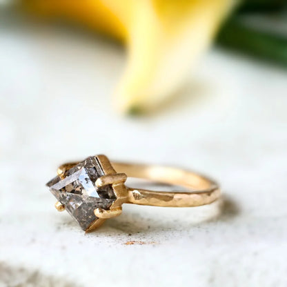 Kite Salt and Pepper Diamond Ring with 1.80 CT Kite Cut Stone featuring a kite-cut salt-and-pepper diamond with natural inclusions in a minimalist geometric ring design with a straight shank band and handcrafted artisan detailing.