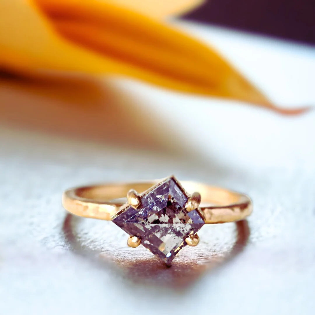 Kite Salt and Pepper Diamond Ring with 1.80 CT Kite Cut Stone featuring a kite-cut salt-and-pepper diamond with natural inclusions in a minimalist geometric ring design with a straight shank band and handcrafted artisan detailing.