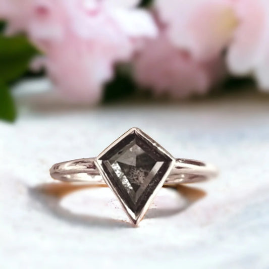 Kite Salt and Pepper Diamond Ring Kite Cut Handcrafted Design featuring a kite-cut salt and pepper diamond in a minimalist handcrafted ring with a straight shank band and geometric kite-inspired silhouette showcasing natural diamond inclusions