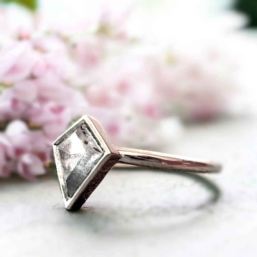 Kite Salt and Pepper Diamond Ring Kite Cut Handcrafted Design featuring a kite-cut salt and pepper diamond in a minimalist handcrafted ring with a straight shank band and geometric kite-inspired silhouette showcasing natural diamond inclusions