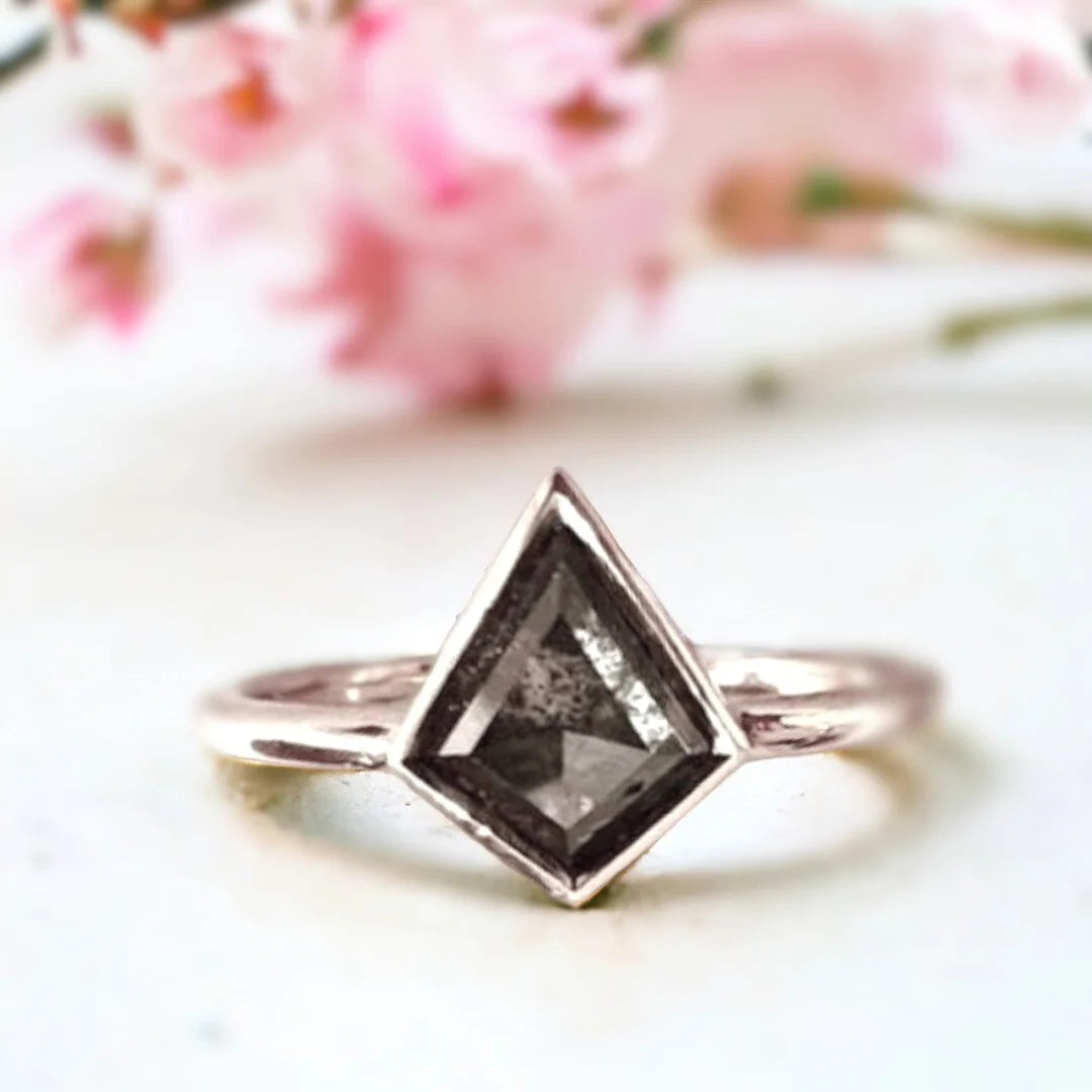 Kite Salt and Pepper Diamond Ring Kite Cut Handcrafted Design featuring a kite-cut salt and pepper diamond in a minimalist handcrafted ring with a straight shank band and geometric kite-inspired silhouette showcasing natural diamond inclusions