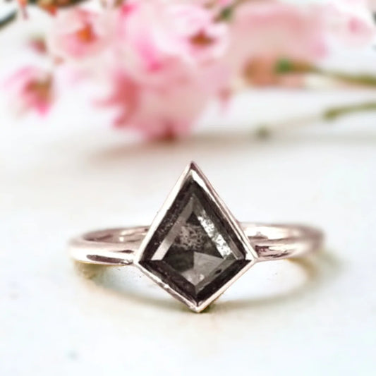 Kite Salt and Pepper Diamond Ring Kite Cut Handcrafted Design featuring a kite-cut salt and pepper diamond in a minimalist handcrafted ring with a straight shank band and geometric kite-inspired silhouette showcasing natural diamond inclusions