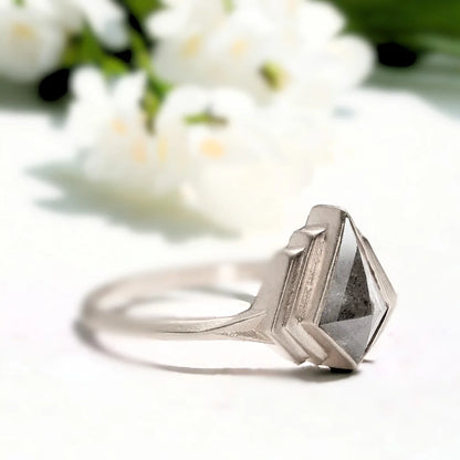 Product image of Kite Shape Salt And Pepper Diamond Engagement Ring Modern Bridal Ring showcasing a natural salt and pepper diamond in a kite cut center stone with organic inclusions, set in a modern sculptural design with a split knife shank band and bold geometric contemporary silhouette.