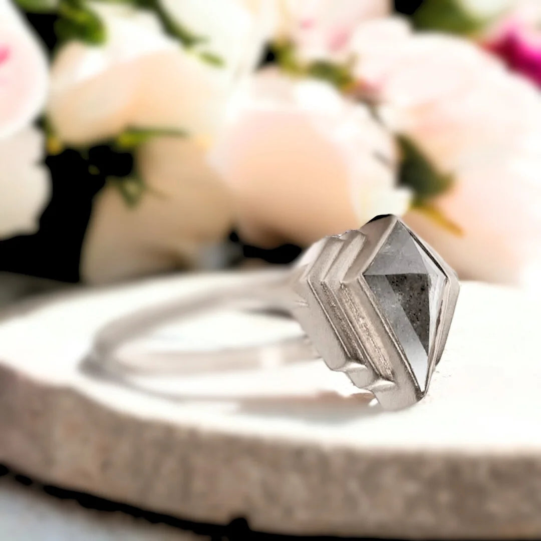Product image of Kite Shape Salt And Pepper Diamond Engagement Ring Modern Bridal Ring showcasing a natural salt and pepper diamond in a kite cut center stone with organic inclusions, set in a modern sculptural design with a split knife shank band and bold geometric contemporary silhouette.