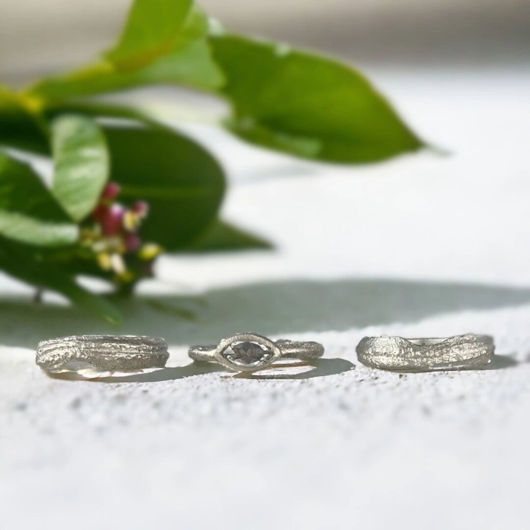 Lab Grown Diamond Marquise Engagement Ring Actaea Greek Inspired Ring featuring a 1.10 CT rose marquise-cut centre stone with an elongated silhouette and an organic dual-layered band design in handcrafted fine jewellery style.