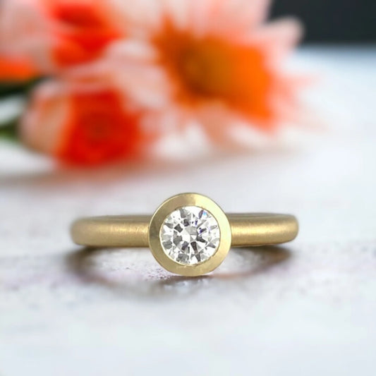 Lab Grown Diamond Ring Bezel Set Solitaire Flush Diamond Design featuring a round-cut diamond in a bezel setting with a smooth flush modern band and minimalist solitaire style